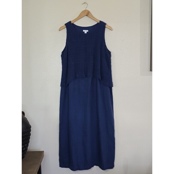 J. Jill pureJill Linen Blue Maxi Layered Dress Womens Size Medium Batik Overlay - Picture 2 of 11